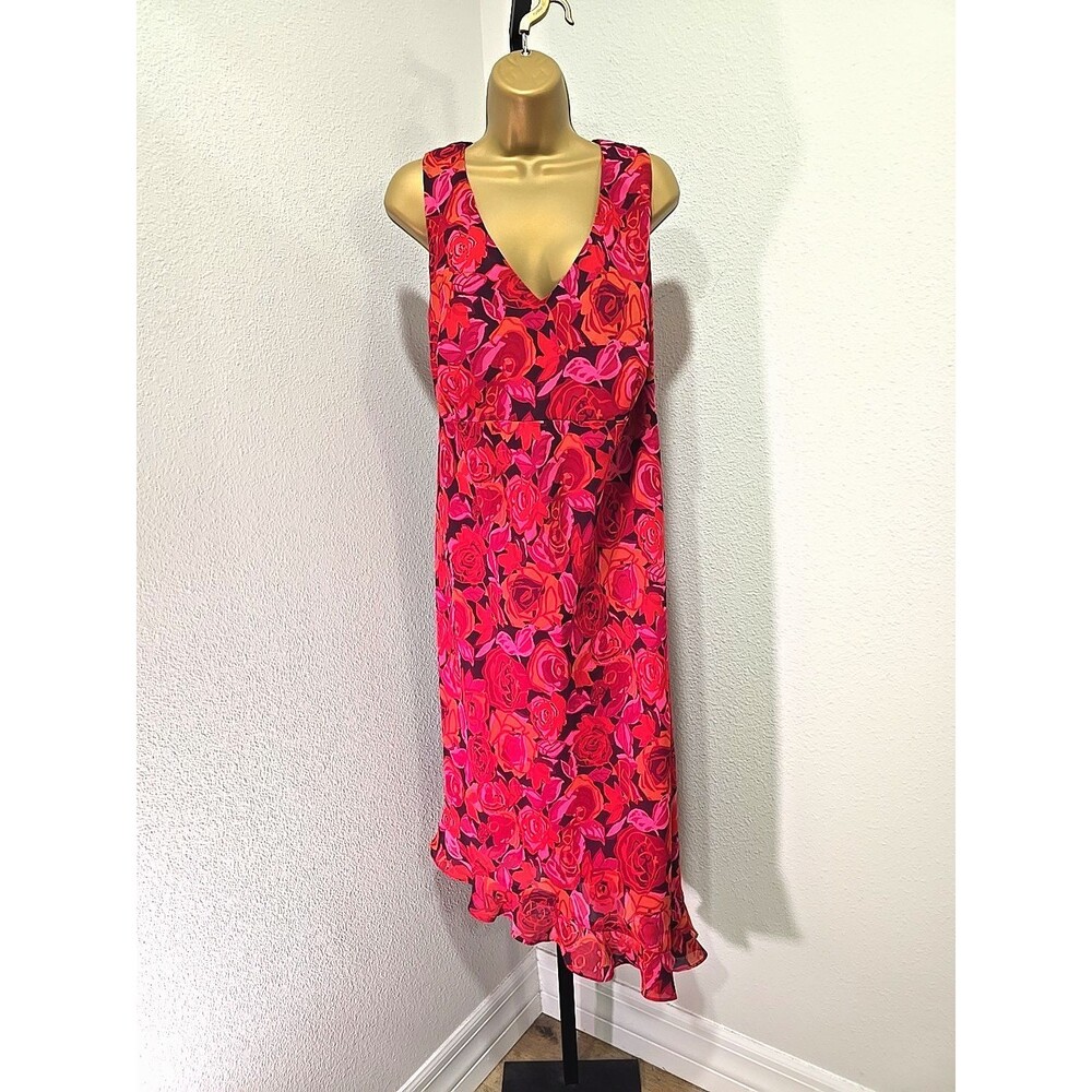 Sleeveless Red Floral Midi Dress 18 Ruffle Asymmetric Boho Cruise Vacay Travel